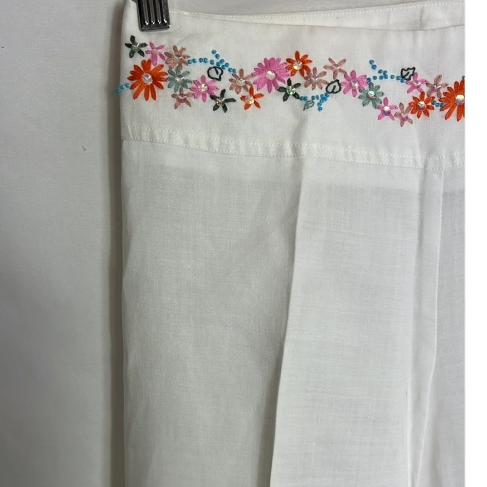 Naf Naf White Embroidered linen White Trouser Pants Eur Size 40 Wide Leg Paris - Picture 4 of 8